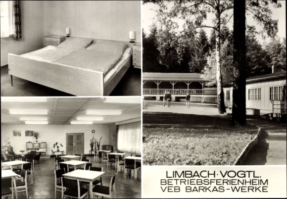 Postcard Limbach im Vogtland, company holiday home VEB Barkas-Werke, dining room, guest room, exterior view