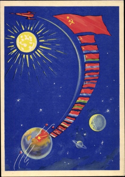 Postkaart voor kunstenaars Sovjet-ruimtevaart, januari 1959, maansonde Lunik 1