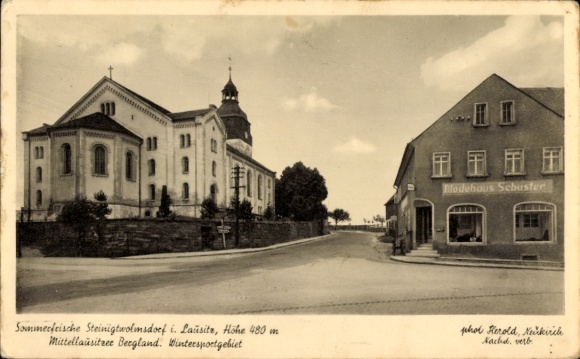 Postcard Steinigtwolmsdorf in Lusatia, church, fashion house Schuster