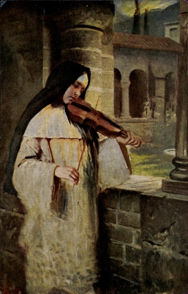 Artist Postcard Kaulbach, Hermann, Ave Maria, nun plays violin