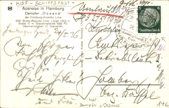 Postcard steamer Oceana, departure in Hamburg, KDF