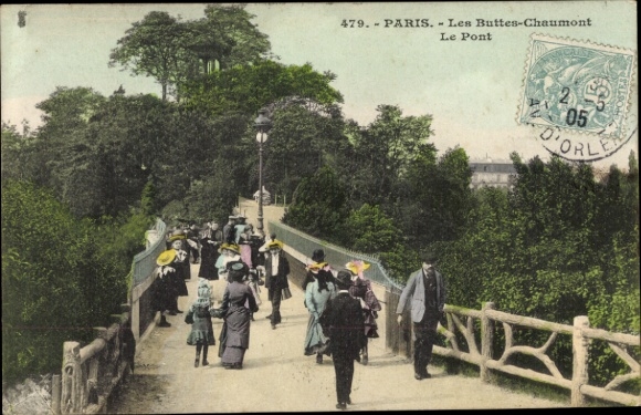 Ansichtkaart Parijs XIX Buttes Chaumont, brug, wandelaars