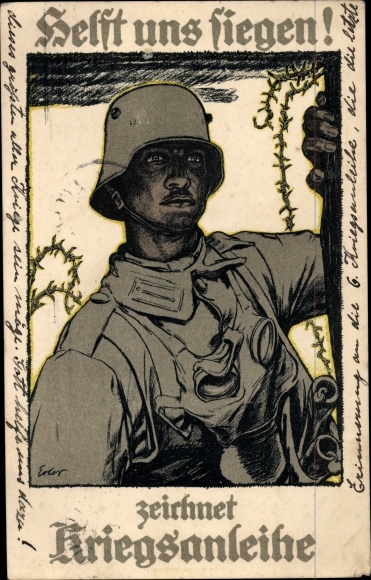 Künstler Ak Erler, Helft uns siegen, zeichnet Kriegsanleihe, Soldat in Stahlhelm mit Gasmaske, I. WK