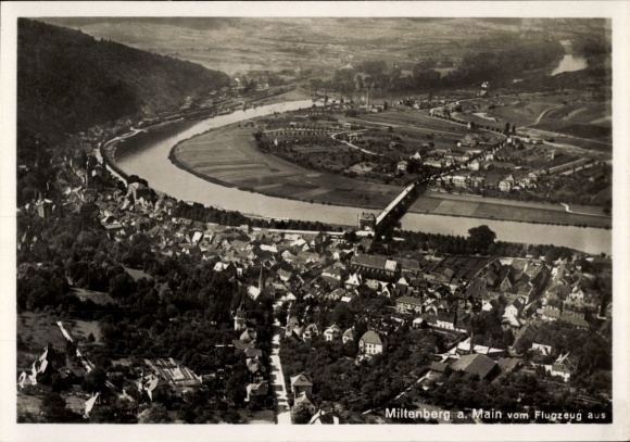 Postcard Miltenberg am Main Lower Franconia, aerial view of river, bridge, houses
