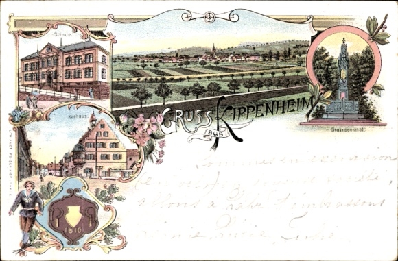 Litho Kippenheim in Baden, Schule, Rathaus, Panorama, Denkmal, Wappen
