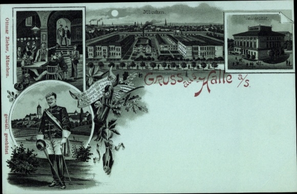Studentika forerunner Chromo-Litho Halle an der Saale, clinics, student with bat, university