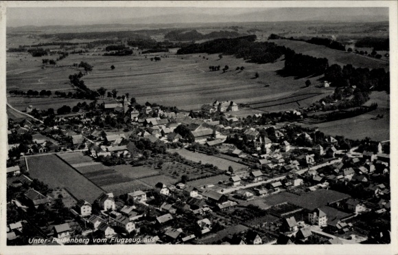 Postcard Peißenberg in Upper Bavaria, aerial photograph, Unter-Peißenberg