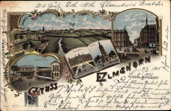 litho Elmshorn in Holstein, stationsplein, middelbare school, kerk, panorama, café