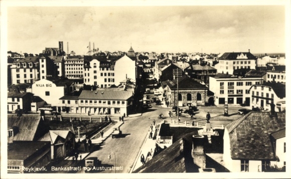 KP Reykjavík Islandia, widok na miasto z NYJA BIO, Bankastræti, Austurstræti