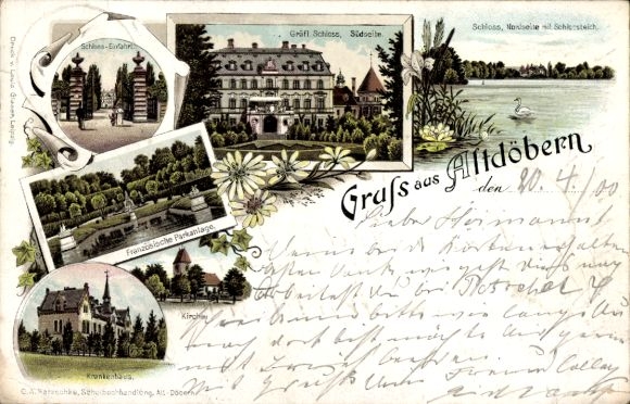 Litho Altdöbern Brandenburg, Gräfl. Schloss, Parkanlage, Krankenhaus, Kirche, Schlossteich