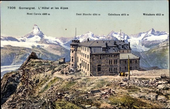 KP Zermatt Canton Valais, Gornergrat, L' Hôtel et les Alpes, Mont Cervin, Dent Blanche, Gabelhor