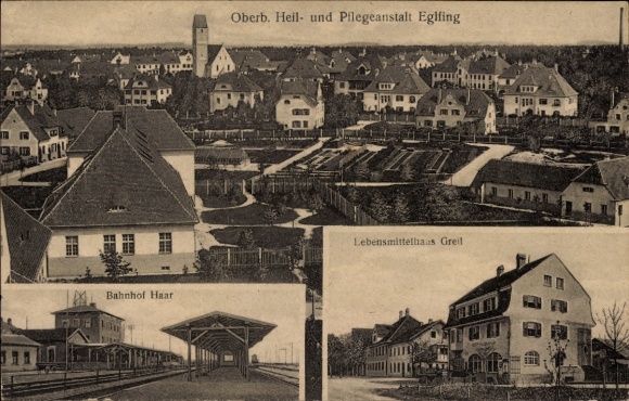 Postcard Eglfing Upper Bavaria, Haar train station, Greil grocery store, sanatorium and nursing home