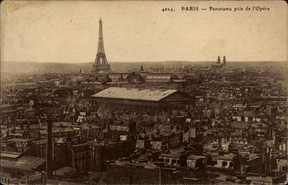 Postcard Paris IX Opéra, panorama of Eiffel Tower, Opéra Garnier, architecture