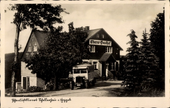 Ak Schellerhau Altenberg im Erzgebirge, Oberer Gasthof, Autobus