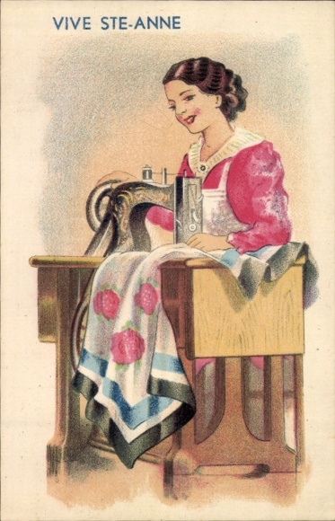 Postcard Vive te Anne, woman sewing with sewing machine