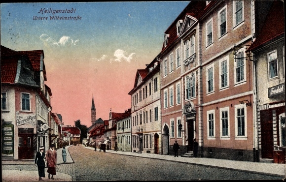 Postcard Heilbad Heiligenstadt Eichsfeld Thuringia, lower Wilhelmstrasse, restaurant Heinrich Rust, church