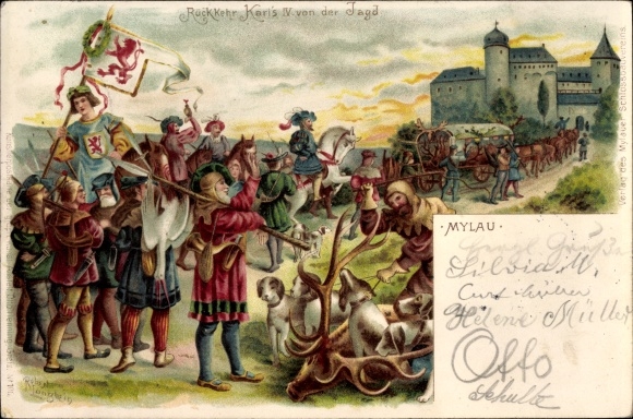 Artist Chromo-Litho Mylau Reichenbach im Vogtland, Return of Charles IV from the hunt