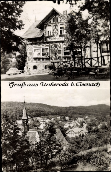 Postcard Unkeroda in Thuringia, panorama of the village, Inn Waldfrieden, exterior view