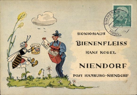 Künstler Ak Hamburg Niendorf, Reklame, Hans Kogel Honighaus Bienenfleiss, Biene, Postbote