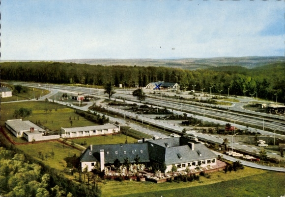 Postcard Rohrbrunn Weibersbrunn Aschaffenburg, motorway service station at the Spessart, aerial photograph
