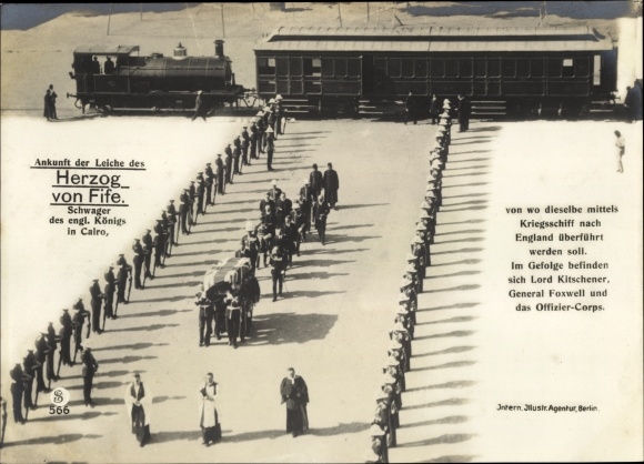 Postcard Cairo Cairo Egypt, arrival of the body of the Duke of Fife, Lord Kitchener, steam locomotive