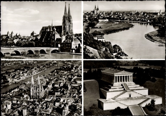Ak Regensburg aan de Donau Boven-Palts, Vier uitzichten op Walhalla, bruggen, kerken