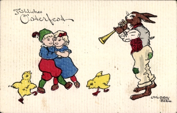 Kunstenaar Ak Diehl, C., Gefeliciteerd Pasen, dansende kinderen, konijntje dat muziek maakt, kuikens