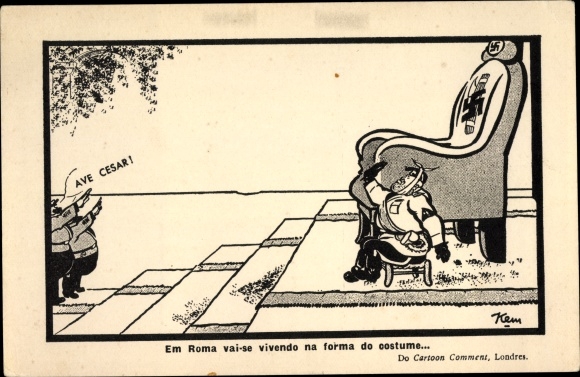 Künstler Ak Karikatur 2. WK, Benito Mussolini, Em Roma vai-se vivende na forma do costume