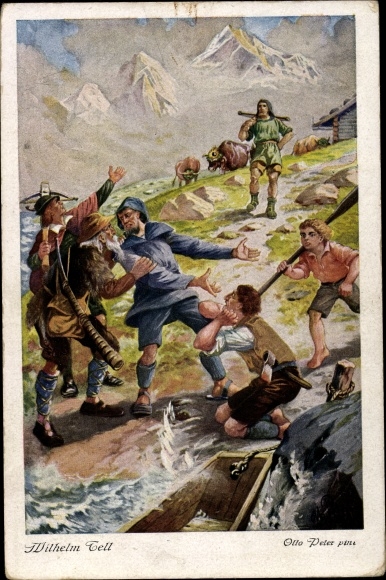 Kunstenaarsbriefkaart Peter, O., Wilhelm Tell, aan het meer van Luzern