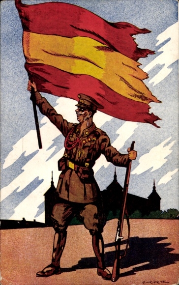 Artist Postcard Spanish Soldier in Uniform, Flag, Rifle