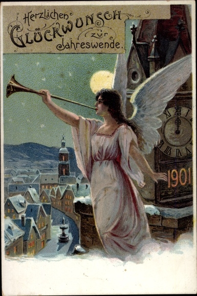 Briefpapier ansichtkaart Happy New Year, jaar 1901, engel blaast de fanfare