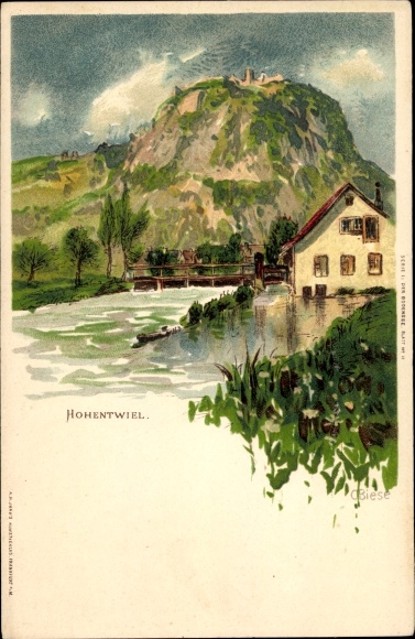 Artist Chromo-Litho Biese, Singen Hohentwiel in the Konstanz district. View of river, house, bridge and mountain