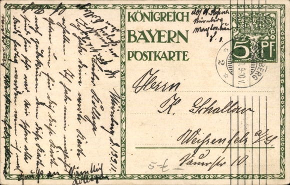 Postwaardestuk kunstenaarsbriefkaart Diez, M., prins-regent Luitpold van Beieren 1911, 5 Pfennig