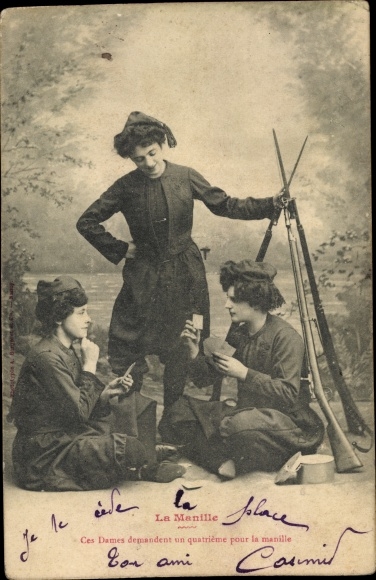 Postcard Women in uniforms play cards