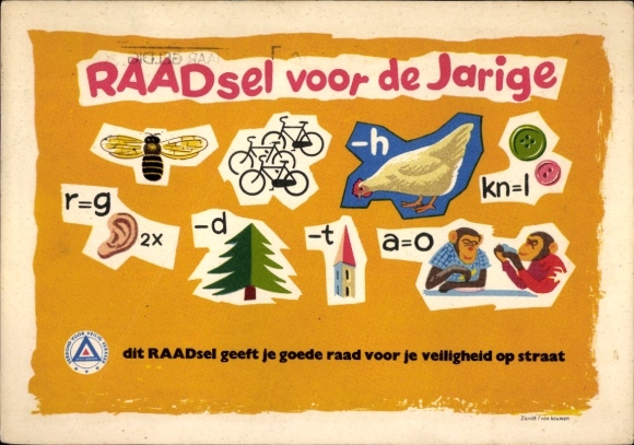 Rebus Postcard puzzles for children, advertising RAAD