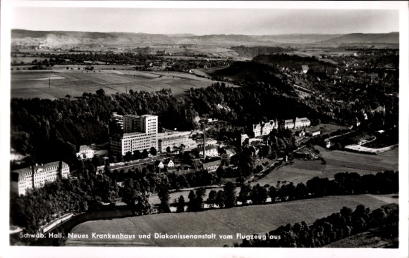 Postcard Schwäbisch Hall in Württemberg, New Hospital, Deaconess Institution, aerial photograph
