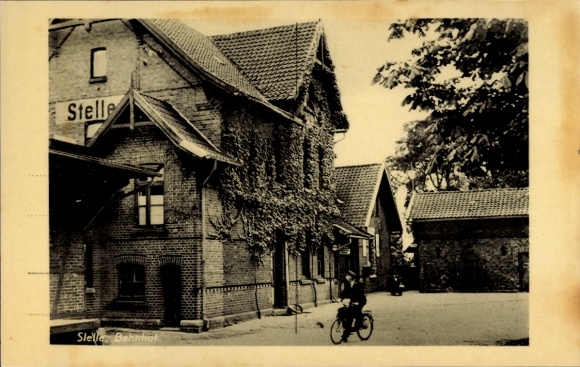 Postcard Stelle in the district of Harburg, train station building, cyclists, old architecture, nostalgic atmosphere