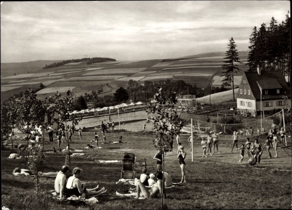 Postcard Raschau in the Ore Mountains, game in the summer pool
