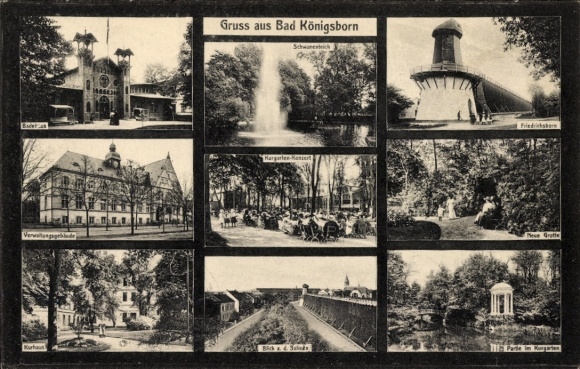 Ak Königsborn Unna im Ruhrgebiet, Friedrichsborn, Bahnhof, Kurhaus, Saline, Schwanenteich