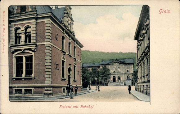 Ak Greiz im Vogtland Thüringen, Postamt, Bahnhof