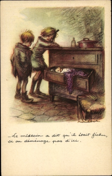 Artist Postcard Poulbot, Franciscque, Children, Baby sleeping in a drawer