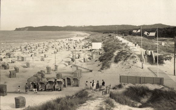 Postcard Ostseebad Baabe on Rügen, beach, beach chairs, bathers