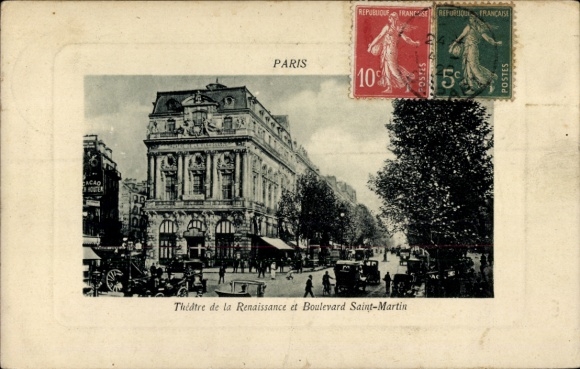 Ansichtkaart Paris II Bourse, Théâtre de la Renaissance, Boulevard Saint-Martin, oude architectuur, straat...