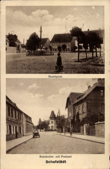 Ak Schafstädt Bad Lauchstädt Sachsen Anhalt, Marktplatz, Bahnhofstraße mit Postamt,  Architektur
