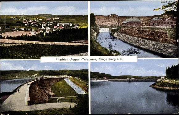 Postcard Klingenberg in the Erzgebirge of Saxony, Friedrich August dam with village