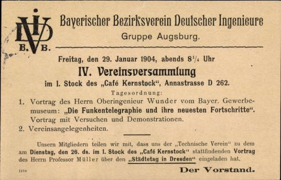 Postal stationery Postcard Augsburg in Swabia, Bayer, District Association of German Engineers, IV. Association Meeting