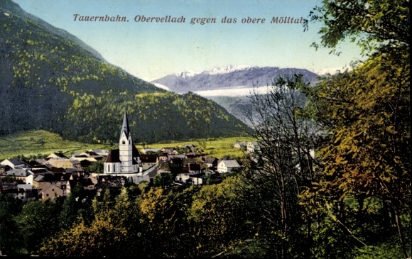 Postcard Obervellach in Carinthia, mountain landscape, church, town Tauernbahn, Mölltal
