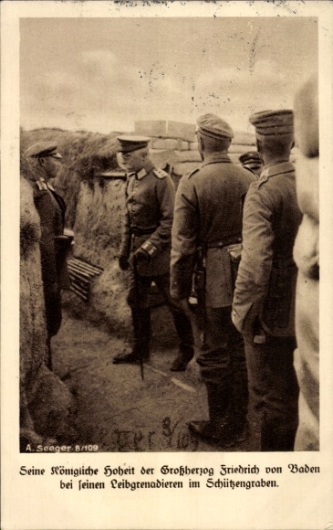 Postcard Grand Duke Friedrich II of Baden, body grenadiers, trench, Red Cross, I WW