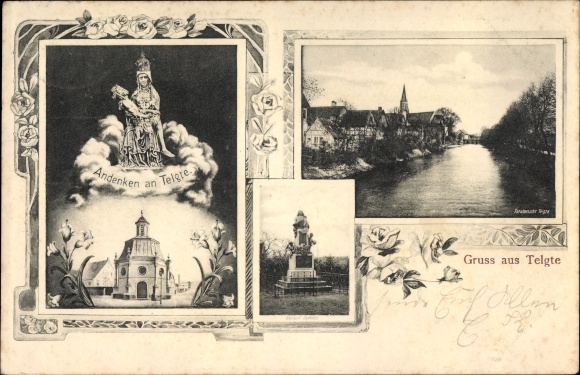 Ak Telgte in Noordrijn-Westfalen, wonderbaarlijk beeld met bedevaartskapel, riviergedeelte, monument