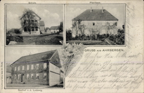 Postcard Ahrbergen Giesen in Lower Saxony, school, parsonage, inn